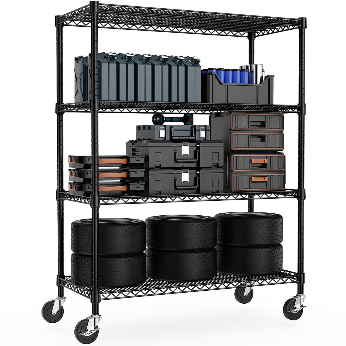 SnelShoppen - Heavy Duty Industriële Stellingkast op Wielen, 4-Laags Metalen Opslagrek, Verstelbare Planken, Draagvermogen tot 1198,56 kg, 60×135×186,