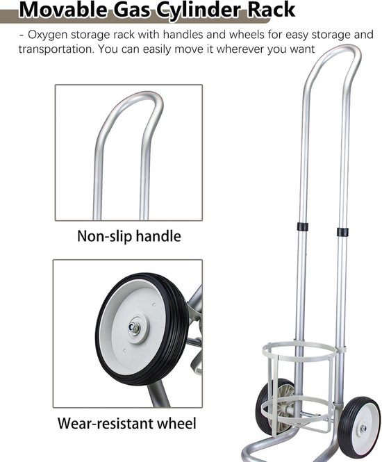 Zuurstoffleswagen - Rolbare trolley - Veilig transport - Uniek bevestigingsmechanisme - 2 wielen - Zilver — afbeelding 4