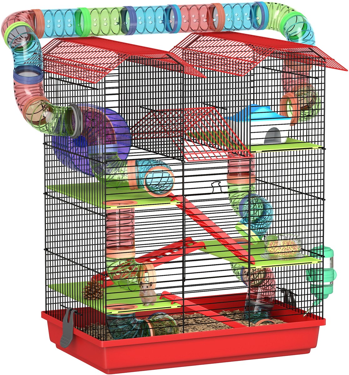 Grote hamsterkooi voor knaagdieren - 5 verdiepingen - met tunnels - drinkbak - speelgoedladders - rood