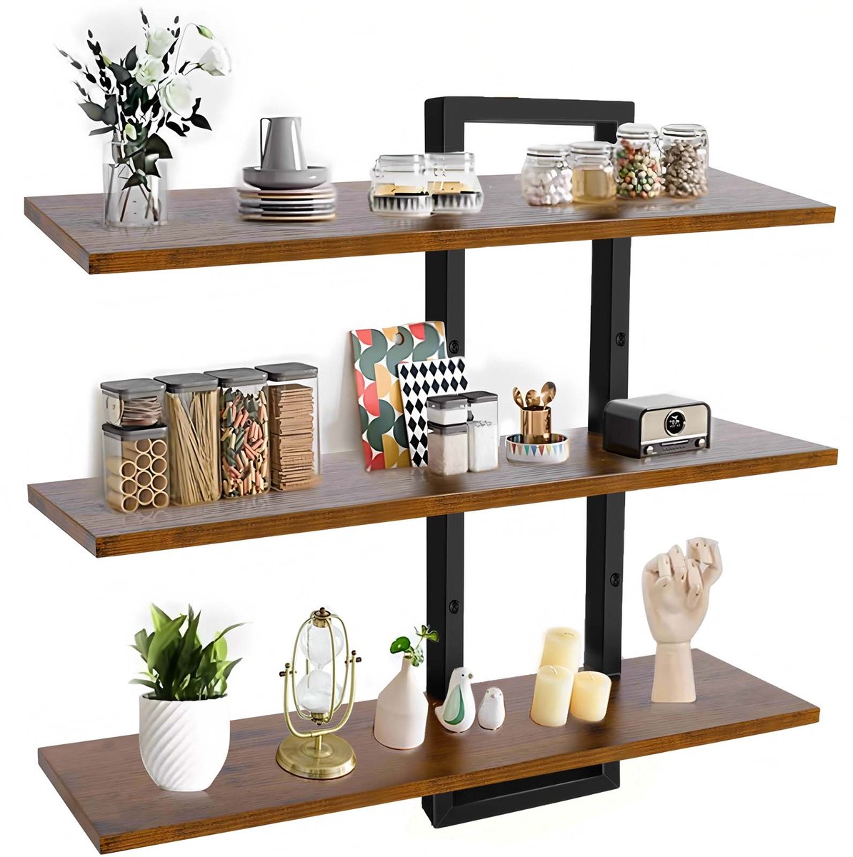 Mura Wandplank - Wandrek - Opbergrek - Boekenrek - Wandkast - Verstelbare 3-Laags Opbergruimte - 3 Niveaus - Hout - Metaal