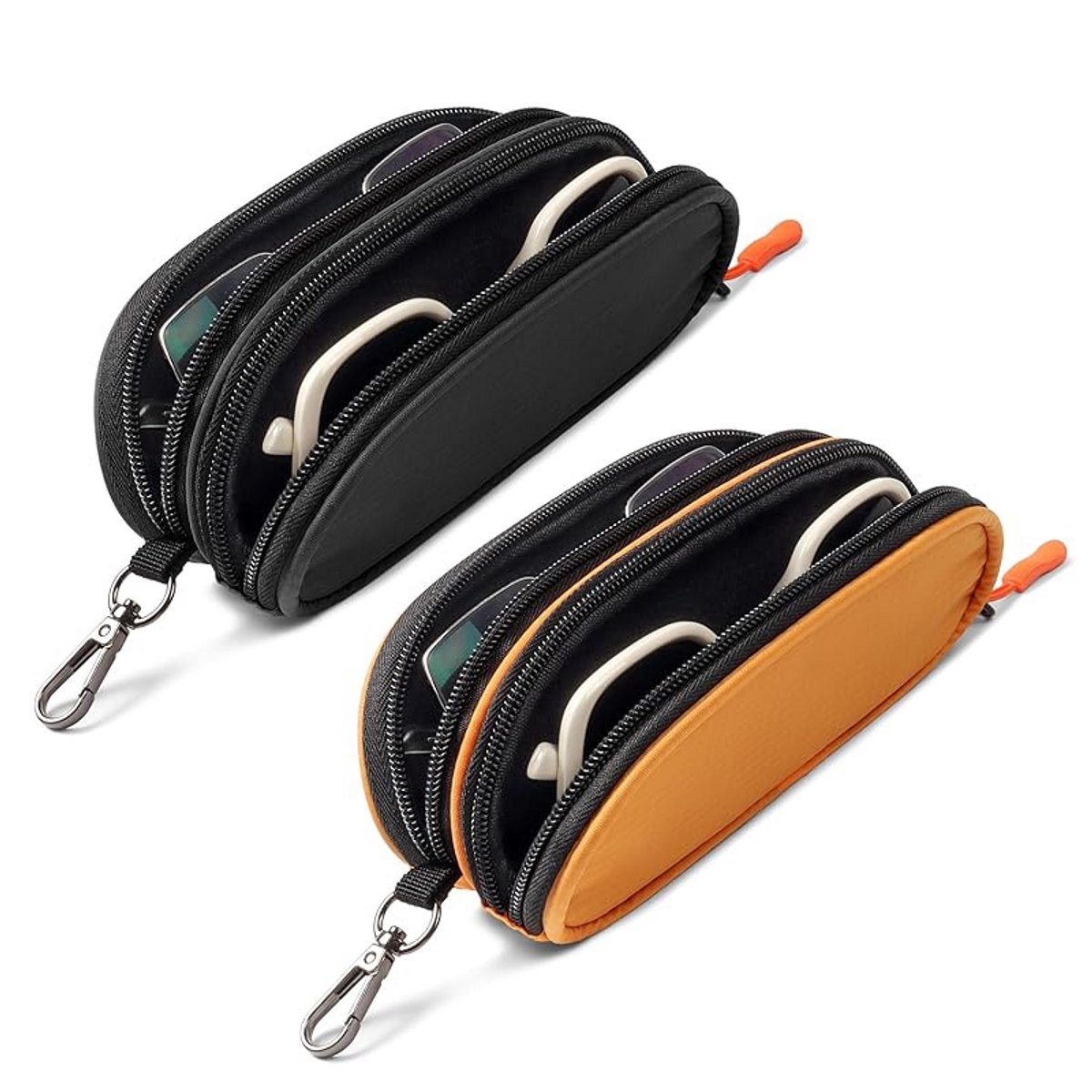2 stuks - Dubbele brillendoos - Zachte draagbare ritssluiting zonnebrilhoes - Met sleutelhangerclip - Geschikt voor mannen en vrouwen - Zwart, Oranje
