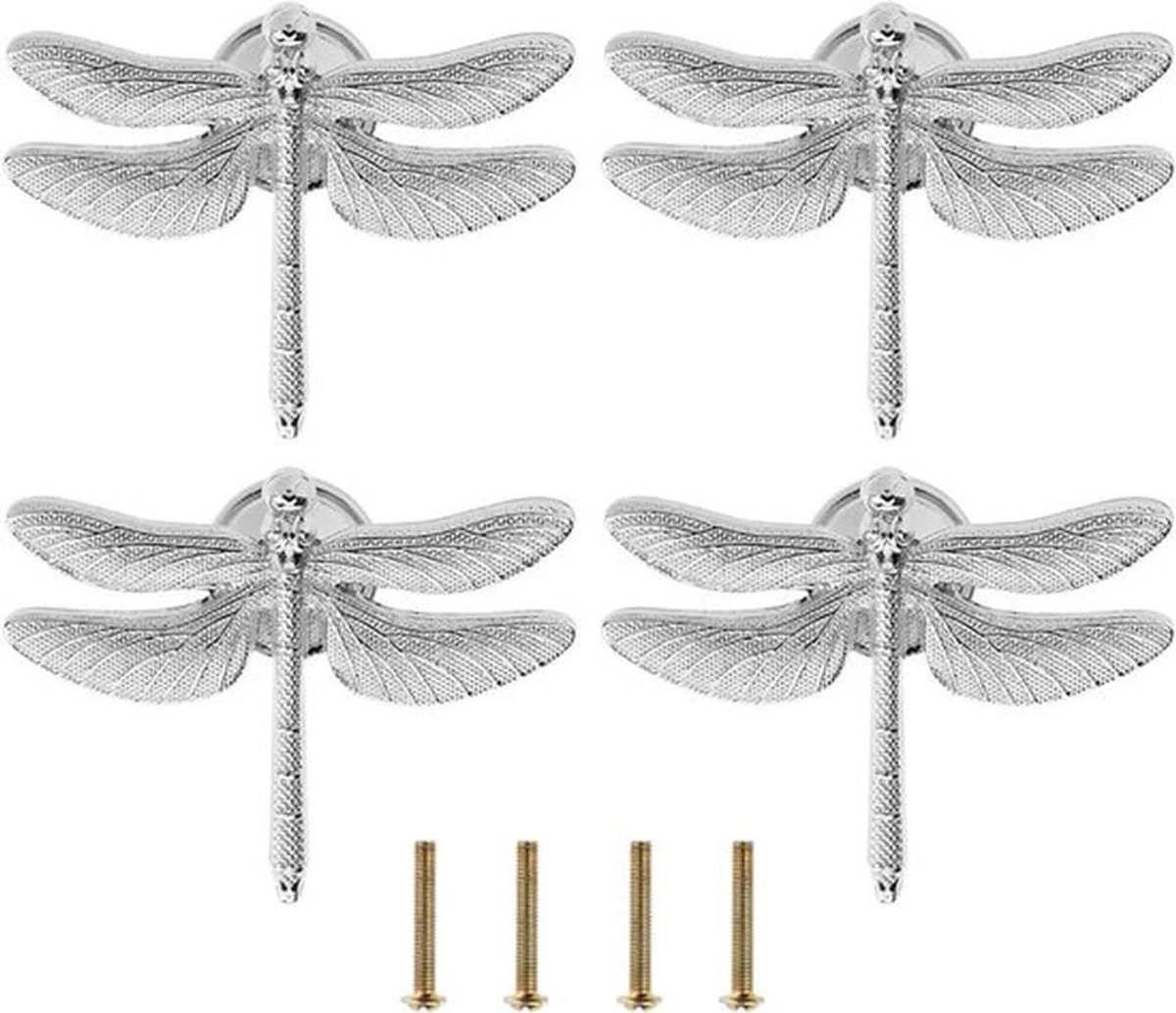 Decoratieve libelknoppen - Meubels hardware accessoires - Zilver - Unieke vorm - Montageschroeven - Geschikt voor kasten en lades - Set van 4 - Libelvormige handgrepen