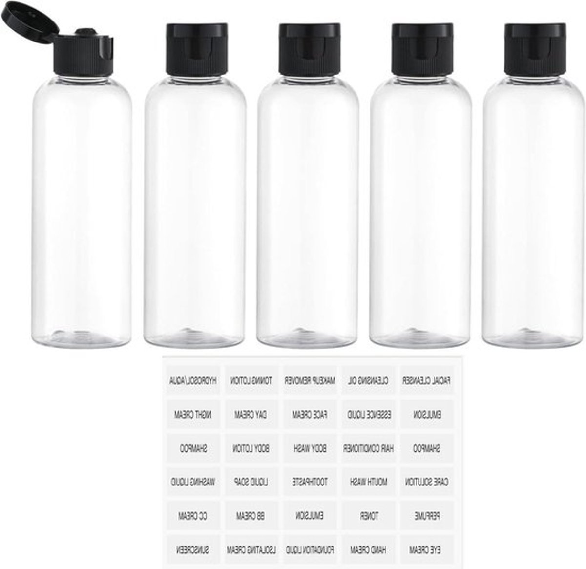 Reisflessen set van 5 - 100 ml vloeistofcontainers voor handbagage - doorzichtig lekvrij transparant - inclusief etikettenblad.