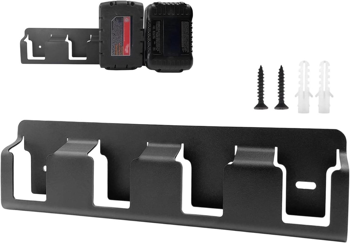 Batterij Wandhouder - Batterijrek - Gereedschap Organiseren - Stevig Stalen Ontwerp - 4 Vakken - Zwart