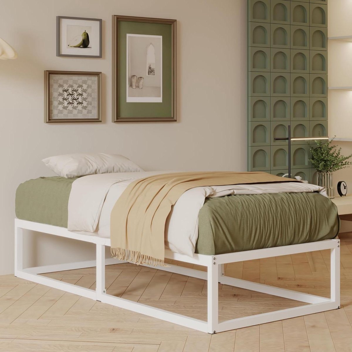 Metalen Bedframe - Platform bed - Slaapkamer organiseren - Geluidsvrij ontwerp - 80x190 cm - Wit