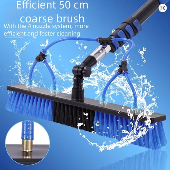 Zonnepaneel-reinigingsborstel, verstelbare watertelescoopsteel met vijf meter lengte, 5 meter telescopische zonneborstel met zeepdispenser en 10 waterslang, voor thuis, buiten, dak, windbescherming — afbeelding 2
