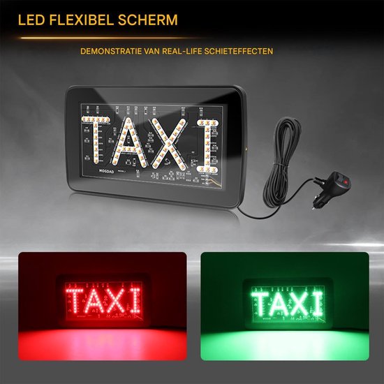 Zwart LED-bord met tekst 'TAXI' in rood en groen, met autolader.