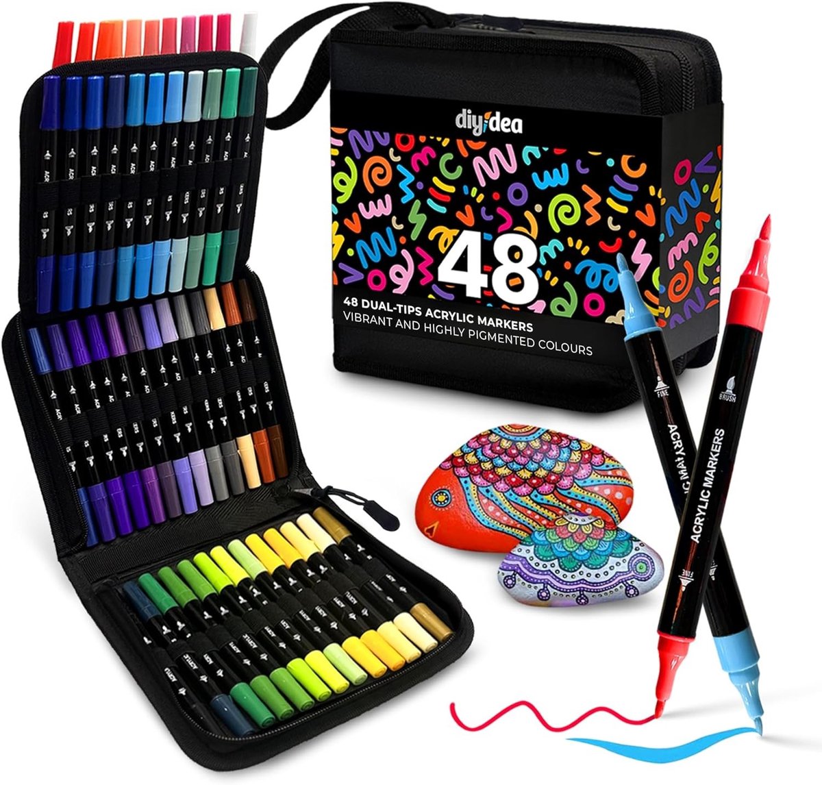 Set van 48 Acrylverfmarkers – Op Waterbasis – Dubbele Punt (Kwastpunt & 1 mm Fijne Punt) – Voor Steen, Hout, Glas, Keramiek & Canvas