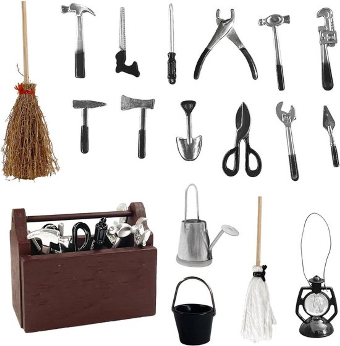 18-delige miniatuur gereedschapskist met kaboutergereedschap en accessoires van hout.