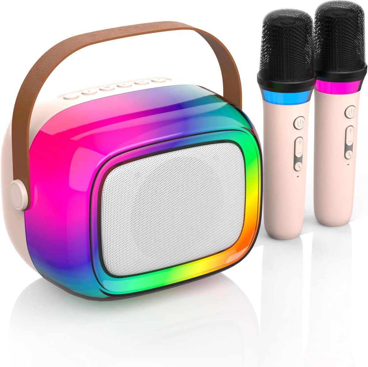 SnelShoppen - Karaokemachine met 2 Draadloze Microfoons, Mini Draagbare Bluetooth-Luidspreker met Kleurrijke Verlichting voor Feesten, Kinderen en Vol