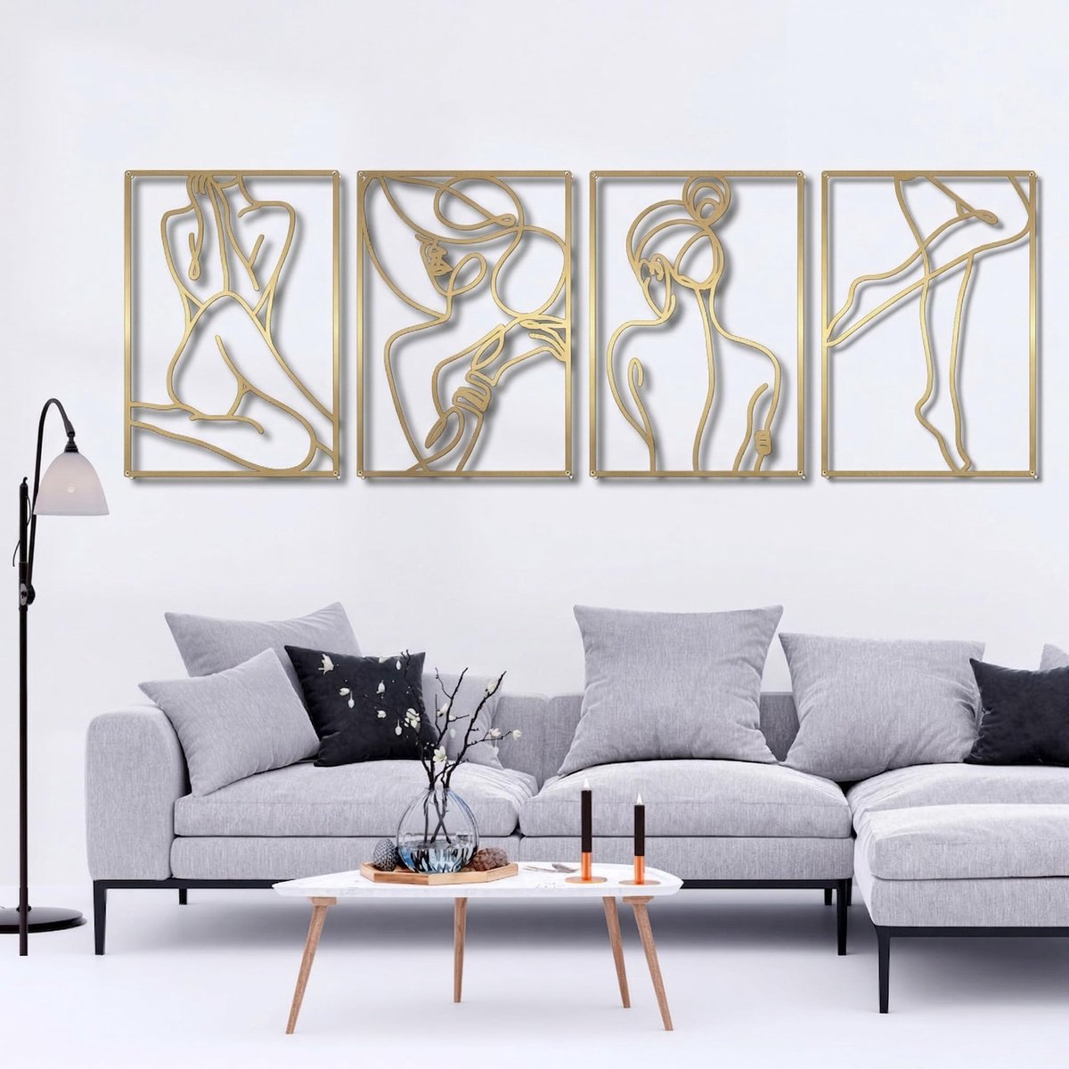 SnelShoppen - Glamativity Set van 4 Gouden Muurkunst, Minimalistische Decoratie, Abstracte Lijn Kunst, Echt Metalen Muurdecoratie, Elegante Stijl, Maa