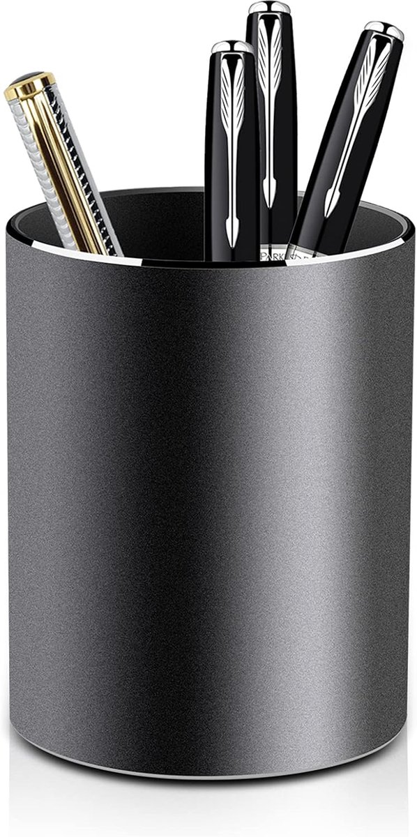 SnelShoppen - Ronde pennenhouder aluminium organizer opbergdoos voor pennen potloden - 8 x 10 cm elegant zwart voor kantoor school thuis kinderen