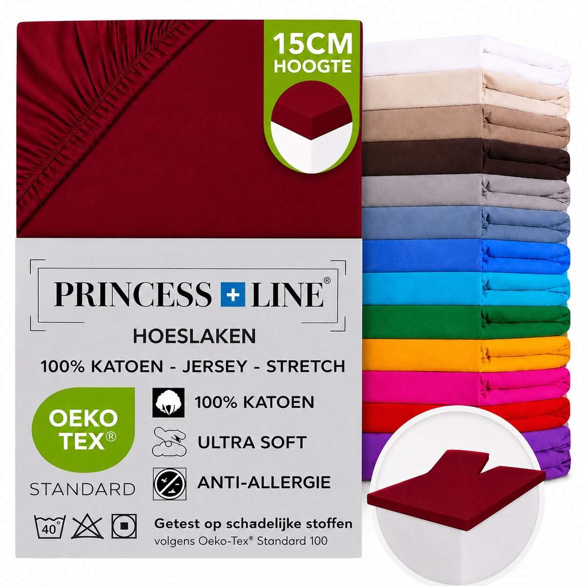 Princess Line- Comfortabel Ultra-Soft-Hoeslaken -100% katoen-Jersey -Stretch -Strijkvrij- Rondom elastiek-Hoekhoogte tot 30cm Eenpersoons - 90x200 - Bordeaux