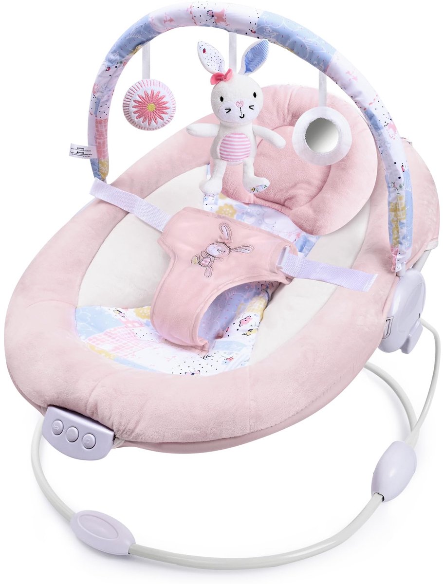 SnelShoppen - Zachte en gewatteerde babybouncer met rustgevende muziek, trillingen, roze konijnenthema, geschikt voor pasgeborenen, babyaccessoires, s