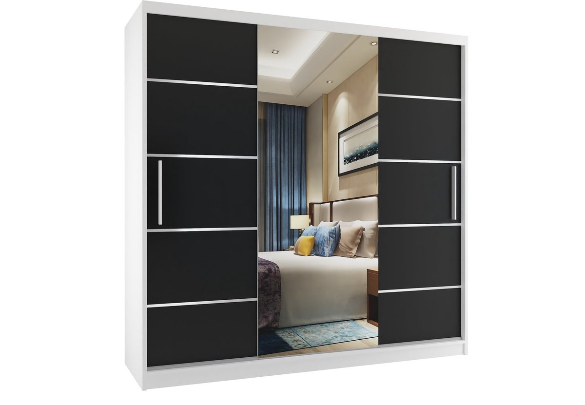 BELINI Verona MT Schuifdeurkast 200 cm Wit/Zwart Mat - Kledingkast met Spiegel & Lades - Comfort Line Driedeurkast
