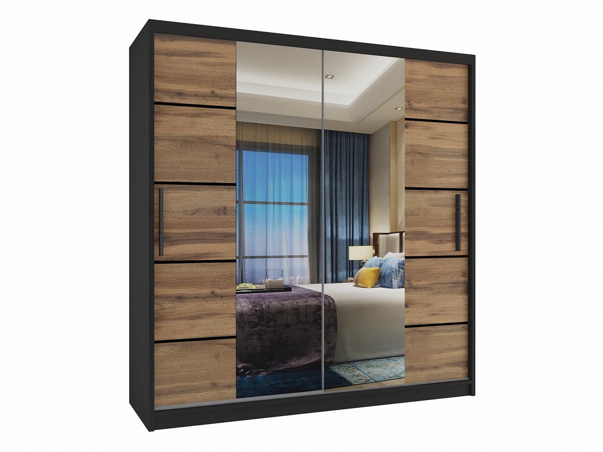 BELINI Verona ME Schuifdeurkast 158 cm Zwart/Goudbruin Mat - Kledingkast met Spiegel - Comfort Line Slaapkamerkast