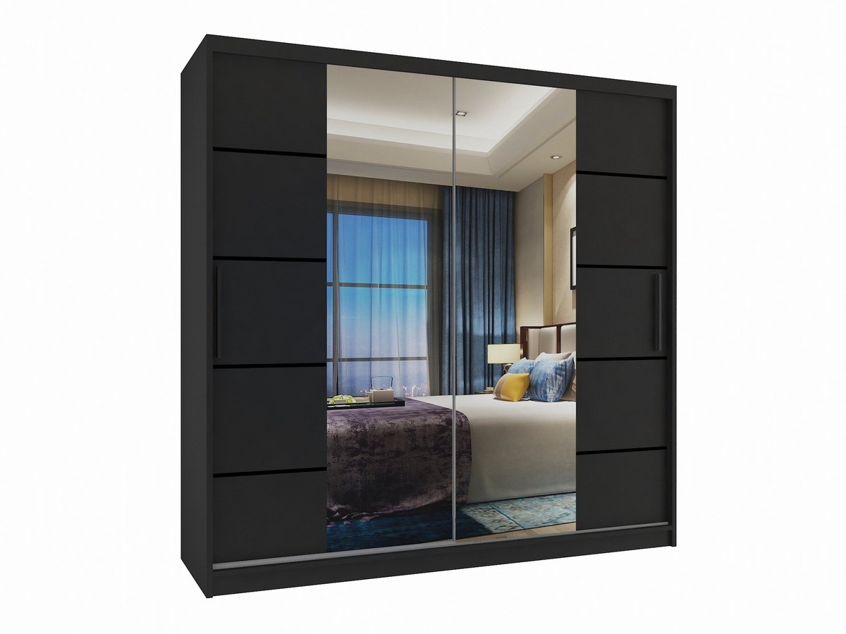 BELINI Verona ME Schuifdeurkast 200 cm Zwart Mat - Kledingkast met Spiegel - Comfort Line Slaapkamerkast