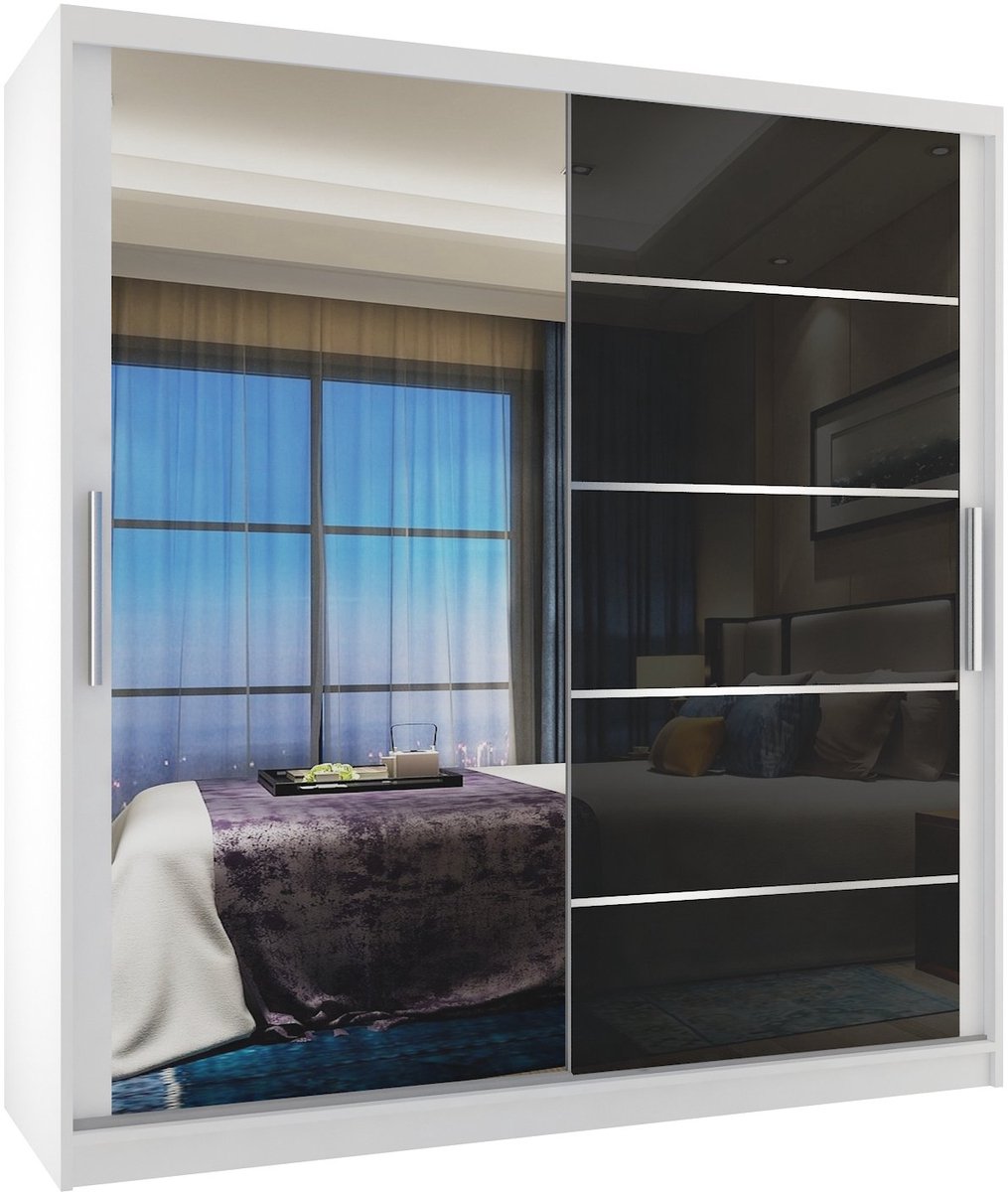 BELINI Verona MGB Schuifdeurkast 158 cm Wit/Zwart Hoogglans - Kledingkast met Spiegel - Comfort Line Hoogglans