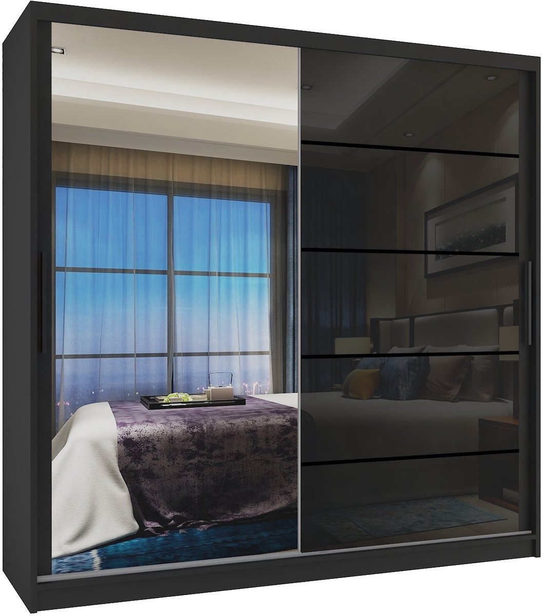 BELINI Verona MGB Schuifdeurkast 200 cm Zwart Hoogglans - Kledingkast met Spiegel - Comfort Line Hoogglans