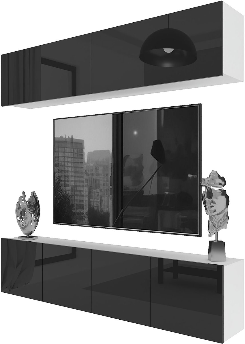 BELINI Wandmeubel Milano 6 200 cm Zwart Hoogglans - TV-Wand Greeploos - Moderne Woonwand met Gasliftsysteem - Modulair TV-Meubel