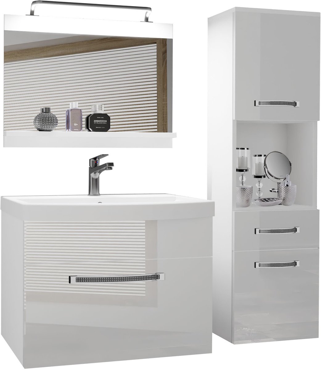 BELINI Badkamermeubel Set GLA P 3 - Badmeubelset 100 cm Wit Hoogglans met Wastafel, Spiegel en LED Lamp - Wandmontage
