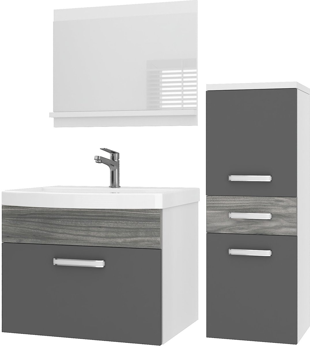 BELINI Badkamermeubel Set PRI PM2 - Badmeubelset 90 cm Grijs Glamour Hoogglans met Wastafel en Spiegel - Wandmontage