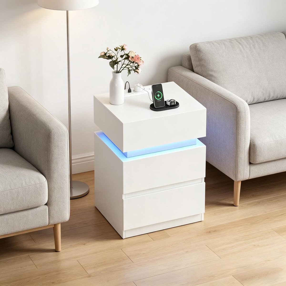 REDOM- Bedtafel met LED-verlichting en oplaadstation - Houten constructie met 2 lades en opbergvak - Modern - Slaapkamer - Wit - 35 x 40 x 55 cm
