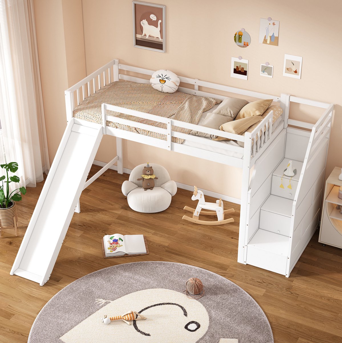 Kinderhoogslaper 90 x 200 cm Met Glijbaan En Opbergtrap Met Uitvalbeveiliging Zonder Matras Wit Hout En MDF