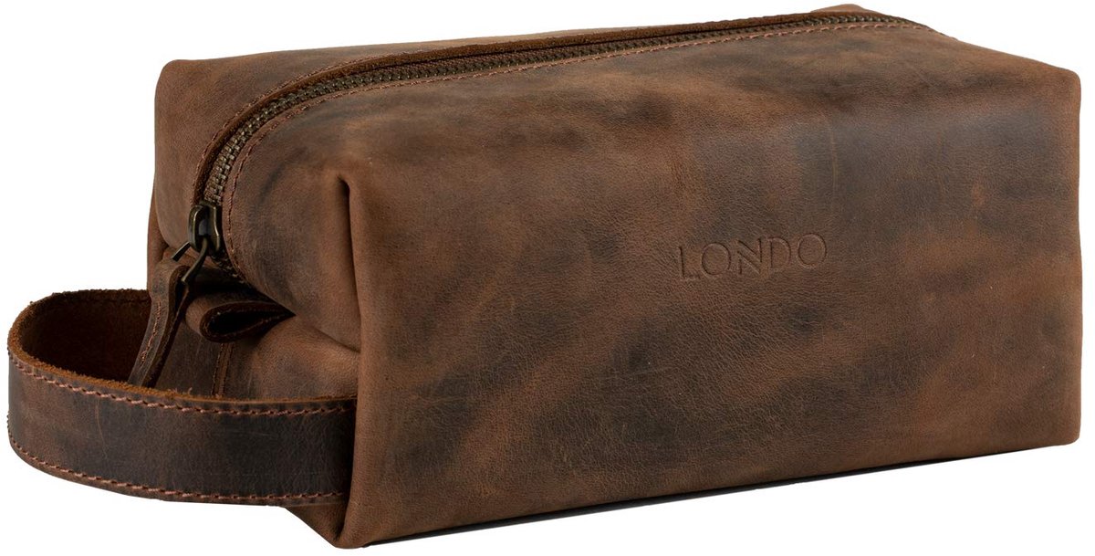 SnelShoppen - Londo Echt Lederen Reistas, Toilettas, Cosmeticatas, Wastas - Cinnamon - Ruime Reis- en Toilettas voor Vakantie, Weekendje Weg, Sport en