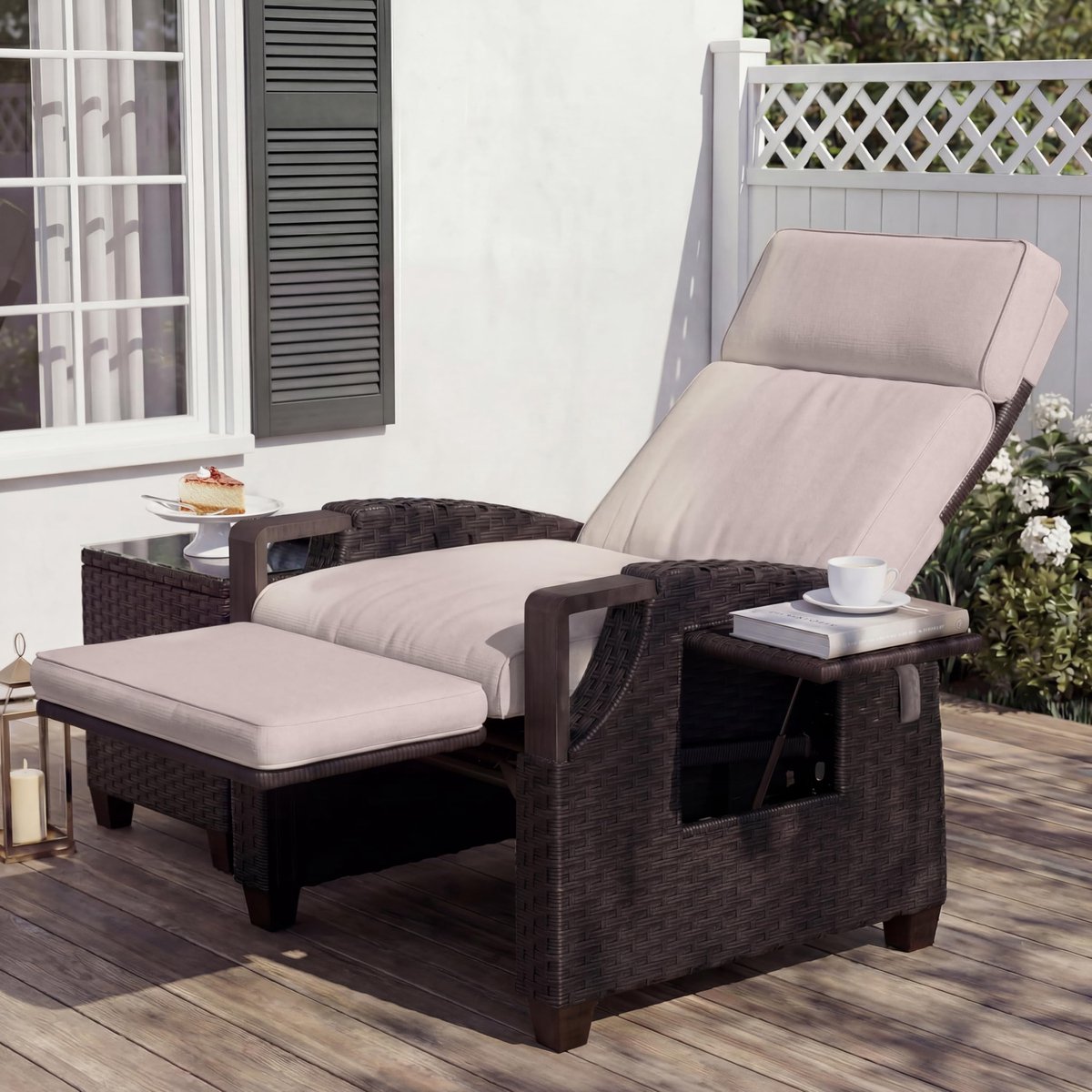 SnelShoppen - Grand Patio Relaxstoel, Verstelbare Ligstoel met Zitkussen, Rotan Zonneligstoel voor Binnen en Buiten, Kaki Zitkussen en Donkerbruin Voo