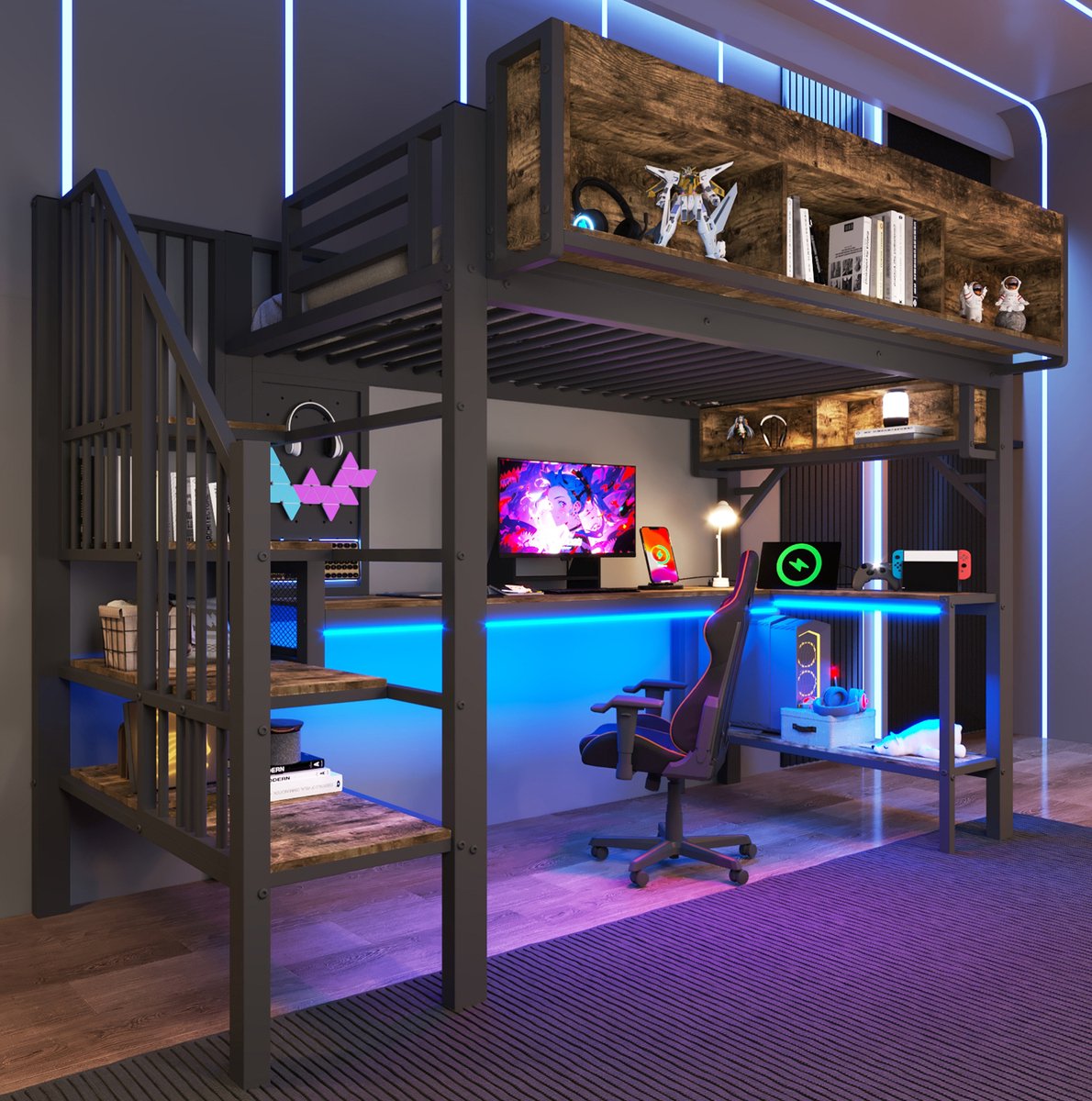 DESMIU Hoogslaper 90x200 cm – Met Hoekbureau, LED En Stopcontact Met USB En Type C – Trap Met Opbergruimte – Voor Kinderen – MDF En Metaal – Vintage Bruin-Zwart – Zonder Matras