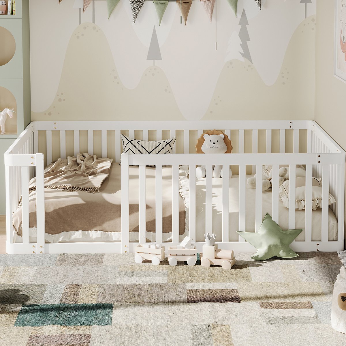 DESMIU Kinderbed 90x200 cm – Halfopen Hekwerk Voor Veilig Slapen – Laag Platformbed – Voor Kinderkamer – Massief Grenenhout – Wit – Zonder matras