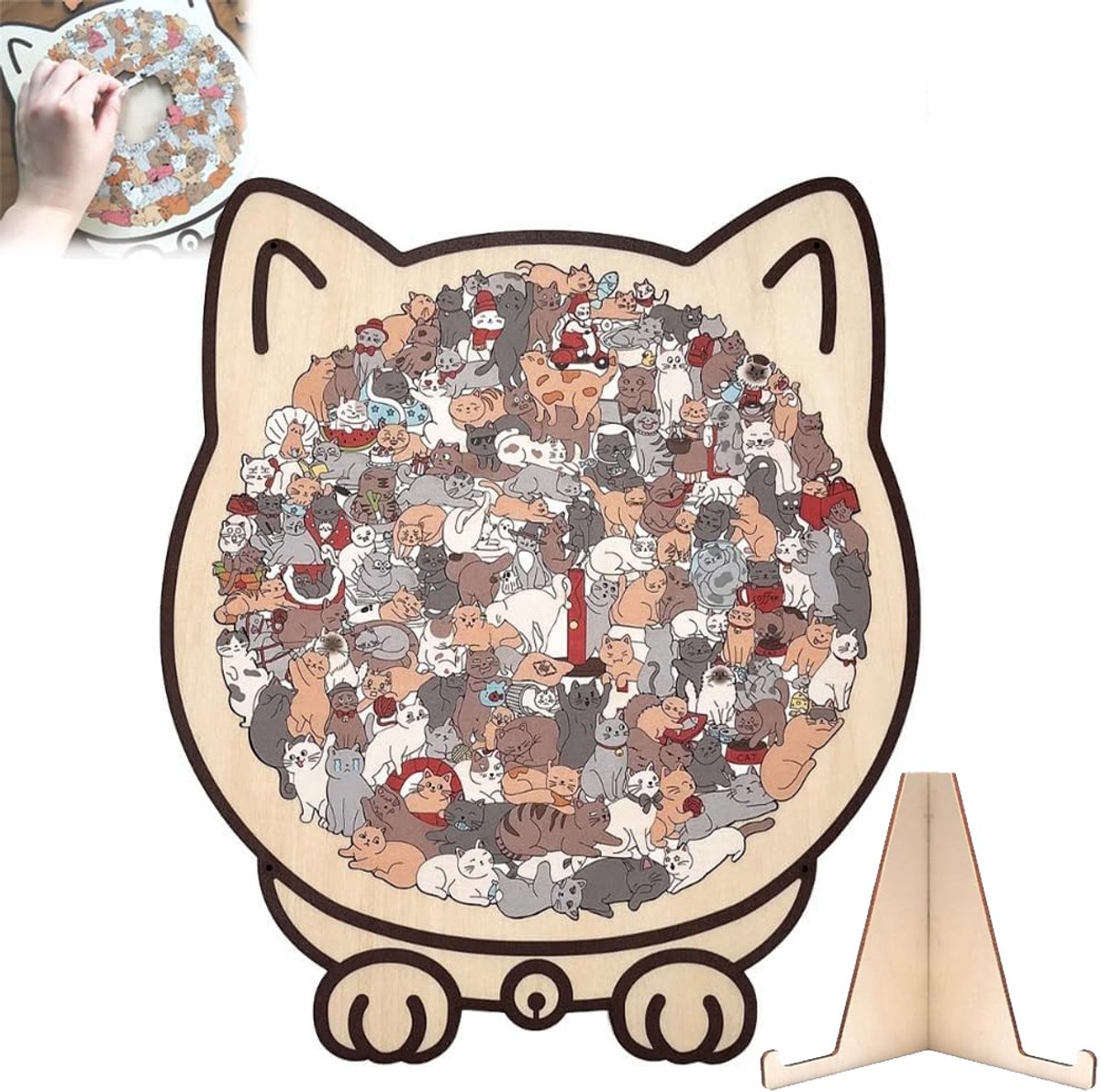 Houten kattenpuzzel - 135 stukjes, houten puzzel voor volwassenen in de vorm van een kat, creatieve kattenpuzzel, cadeau voor kattenliefhebbers, woondecoratie