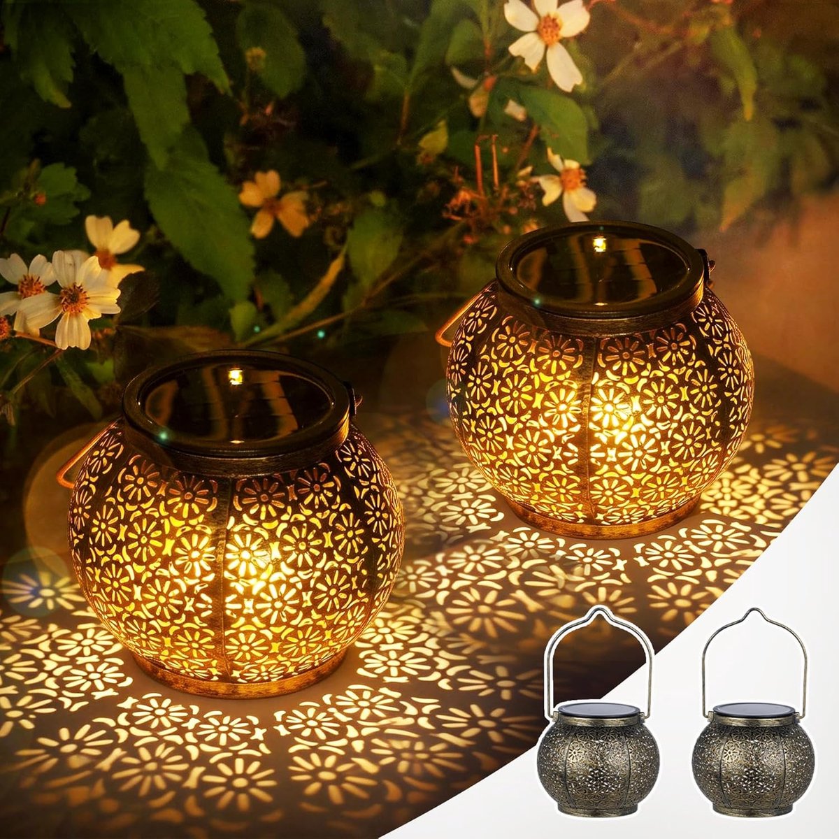 SnelShoppen - Lantaarn op zonne-energie voor buiten, 2 stuks, IP65 waterdicht, metaal, hangend, 15 lumen, warmwit, vintage bloemen, LED-lantaarn voor