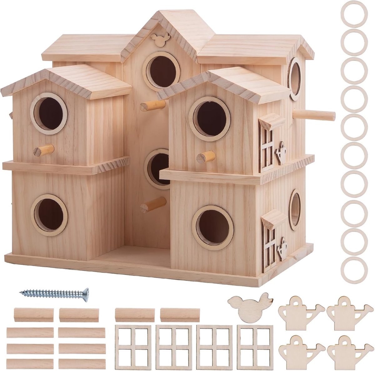 SnelShoppen - Vogelhuis met Meerdere Kamers, Houten Vogelhuis met 10 Nestvakken, Natuurlijk Grenen voor Tuin, Balkon en Vogelbescherming