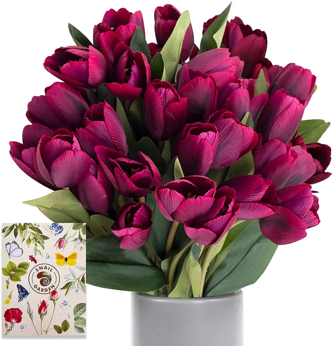 SnelShoppen - 27 Stuks 30,5 cm Kunstbloemen Paarse Tulpen - Zijde Tulpen Bloemen met Satijnen Linten & Wenskaart voor Bruiloftsfeest Decoratie, Thuis