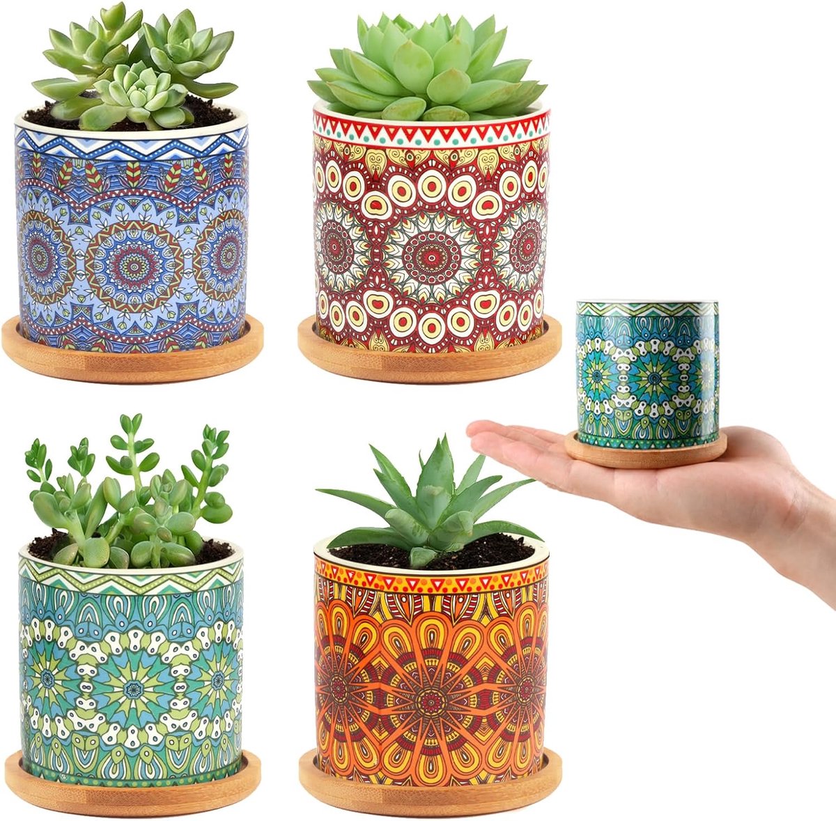 SnelShoppen - 4 stuks keramische vetplantenpotten 7,3 cm met bamboe onderzetter, mandala-patroon voor interieurdecoratie, mini-planten en zaailingen