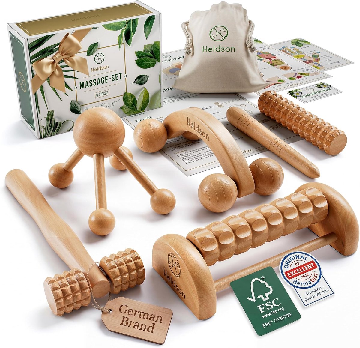 SnelShoppen - HELDSON Massageset 6-delig van FSC 100% hout voor hoofd, rug en voeten | Dermatest 'zeer goed' | Perfect wellnesscadeau voor koppels