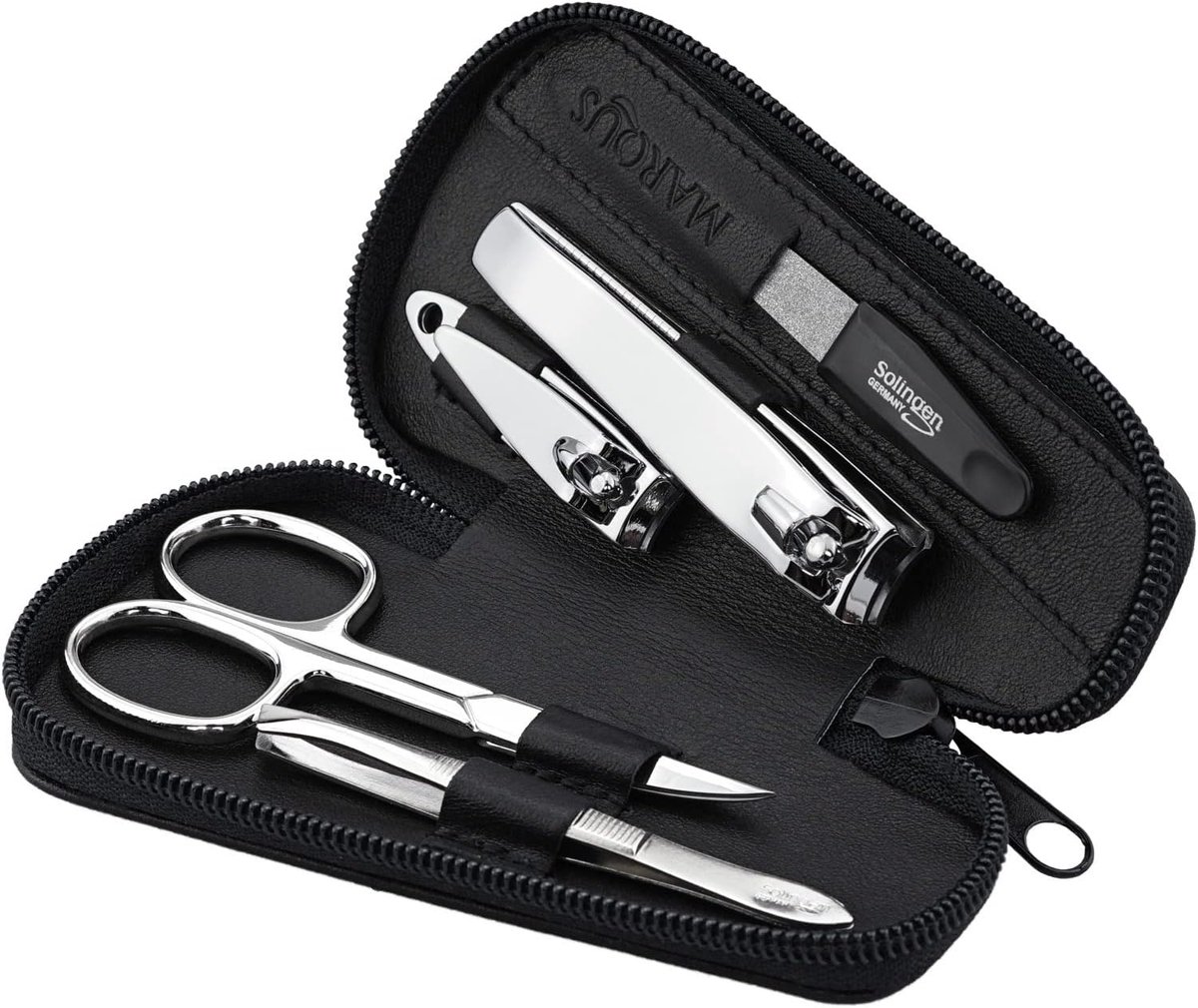 SnelShoppen - 5-delige Manicureset voor Dames en Heren - Reisetui - Vijl en Pincet van Solingen - Echt Leren Etui - Zwart - Ideaal voor Reizen en Onde