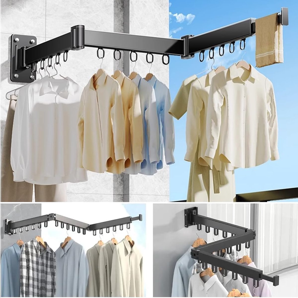 SnelShoppen - Droogrek Wandmontage 128 cm - Ruimtebesparend 3-voudig Opvouwbaar Uittrekbare Kledingstang met Verlengstang - Wandwasdroger met 15 Haken