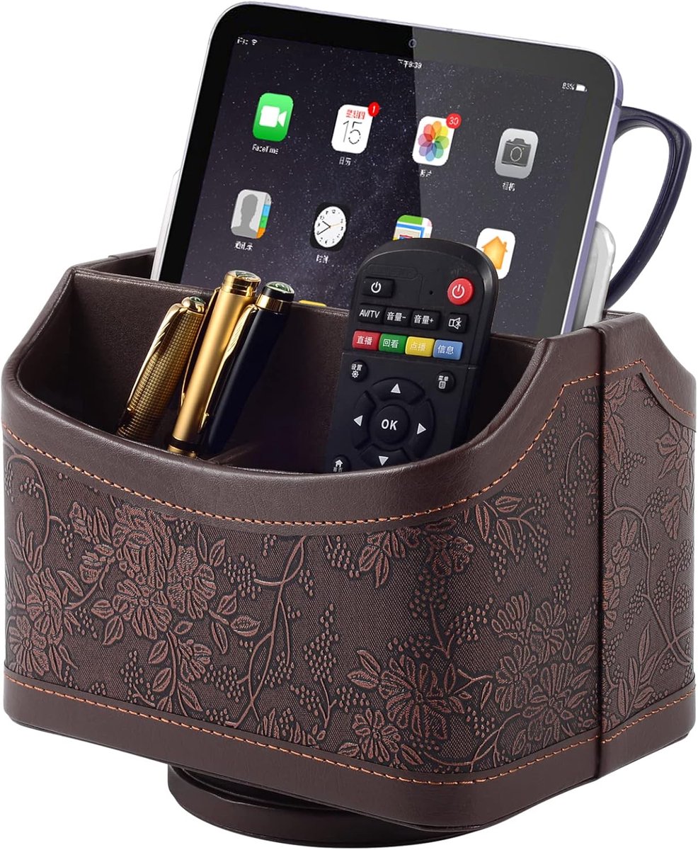 SnelShoppen - 360° Draaibare Afstandsbedieninghouder, PU-leer Organizer met 5 Vakken, Multifunctionele Nachtkastje en Bureau-organizer, Retro Design v
