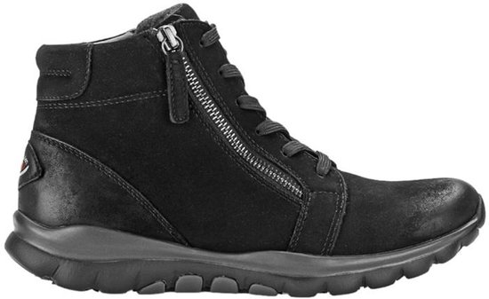 Zwarte halfhoge schoen met rits en veters, grijze zool en het rolling soft logo op de hak.