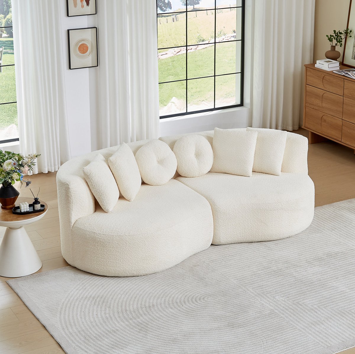 OKWISH Bank Set - 3-Zits Modulaire Bank in Cashewvorm - Met Doorlopende Rugleuning en 6 Kussens - Voor Woonkamer of Speelkamer - Chenille - Beige