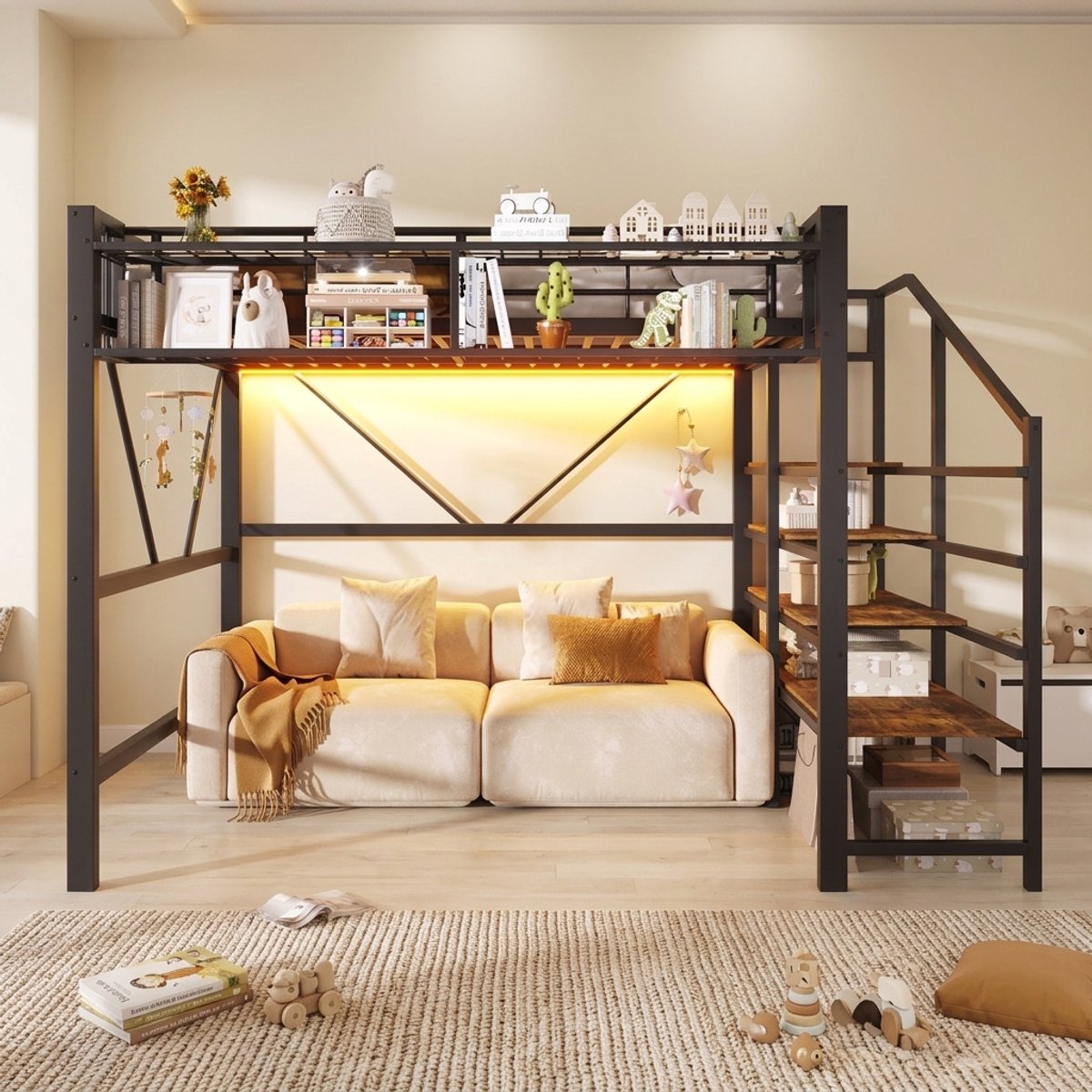DESMIU Hoogslaper 140x200 cm - Met Stappenrek, LED-Verlichting En Opbergmand - Open Opbergruimte - Kinderkamer - Metaal En MDF - Zwart - Zonder Matras