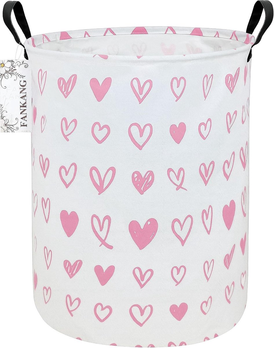 Vouwbare Opbergmand voor Kinderen, Grote Wasmand met Waterdichte Coating, Ideaal voor Speelkamer en Kinderkamer, Perfect als Cadeau, Rond met Roze Hartjes