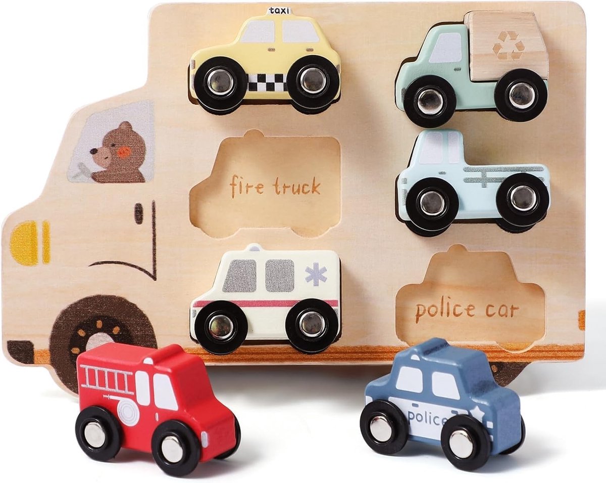 Set van 6 Houten Auto's - Brandweer, Ambulance, Taxi - Educatief Speelgoed voor Kinderen vanaf 1 Jaar, Motorische Vaardigheden, Creatief Spelen