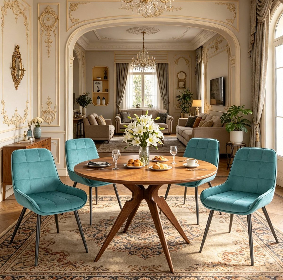 HAUSS SPOLE Eetkamerstoel - Velvet Design - Set Van 4 - Ergonomisch Met Gewatteerde Zitting En Metalen Poten - Voor Eetkamer En Thuiswerkplek - Turquoise