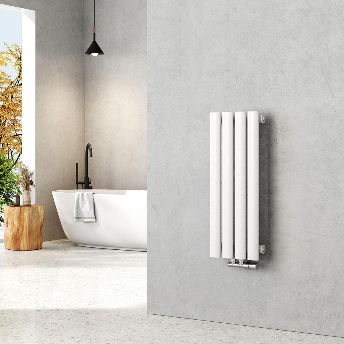 SnelShoppen - Kleine radiator 600 x 240 mm, ovale paneelverwarming, centrale aansluiting, verticaal design, buizenradiator, eenlaags, wit, 177 watt vo