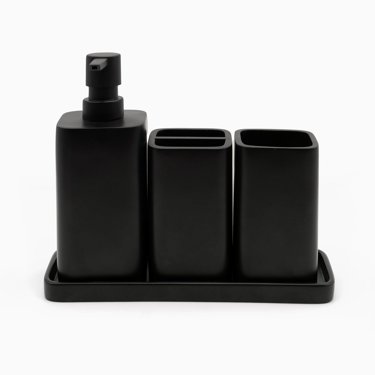 SnelShoppen - 4-delige Badkameraccessoireset - Matte Zwarte Organizer met Tandenborstelhouder, Zeepdispenser, Beker en Dienblad - Ideaal voor Badkamer