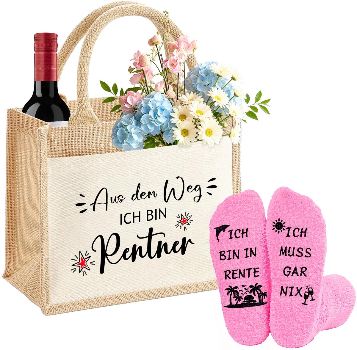 SnelShoppen - Grappige Jute Tas voor Pensioen Cadeau Vrouwen met Sokken - Origineel Pensioencadeau voor Gepensioneerden, Feestavond, Jute, Humoristisc